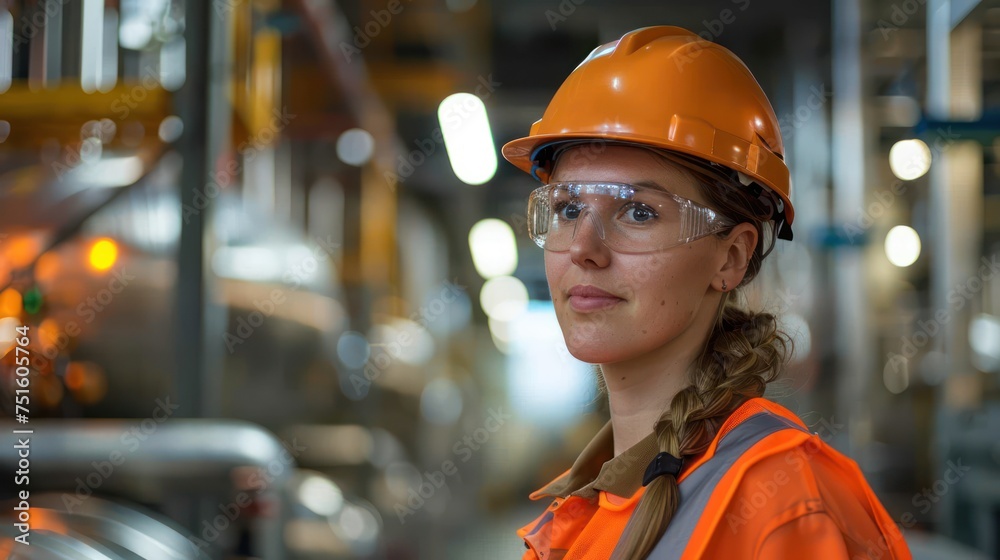 A woman in a hard hat looks proudly at a factory that produces hydrogen and creates electrolyzers. Stainless steel tanks. A woman in a hard hat looks proudly at a factory that produces hydrogen and creates electrolyzers. Stainless steel tanks.