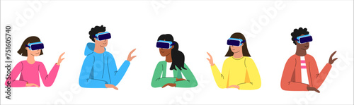 Set of people in virtual reality VR  headset having online video call, playing, learning, working. Flat vector illustration of  young man and women using VR technology 