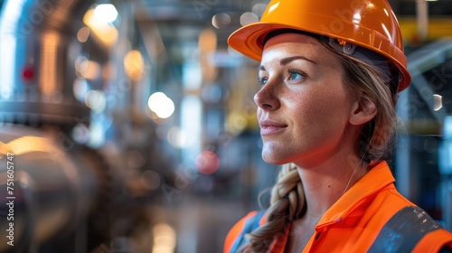A woman in a hard hat looks proudly at a factory that produces hydrogen and creates electrolyzers. Stainless steel tanks.