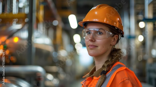 A woman in a hard hat looks proudly at a factory that produces hydrogen and creates electrolyzers. Stainless steel tanks.