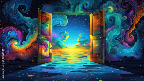 Fantasy Concept Art with Cosmic Swirls and Open Door - Doors to Perception Concept