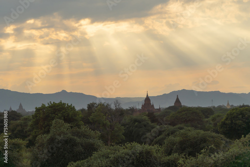 Burmese temples of Bagan City from a balloon, unesco world heritage with forest trees, Myanmar or Burma. Tourist destination.