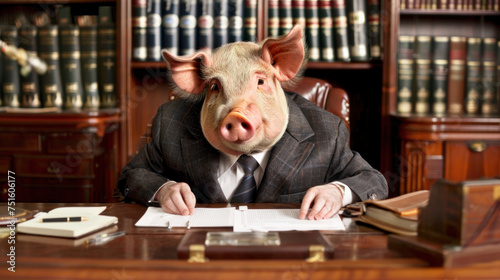 Corrupt politician depicted as a pig sitting at his desk in office