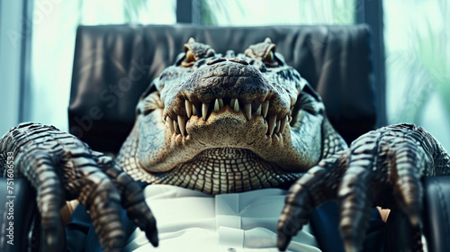 Vile, angry, heartless corporate manager depicted as crocodile or alligator in his office