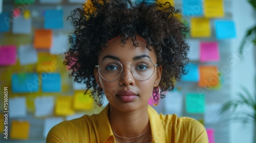 A young female marketing professional is brainstorming using colorful sticky notes on a white wall.