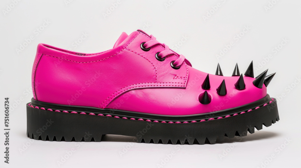 Fancy pink boot with metal spikes on white background - obrazy, fototapety, plakaty 