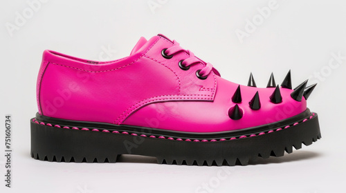 Fancy pink boot with metal spikes on white background
