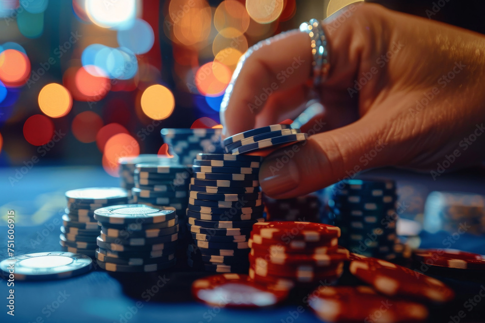 Hand Stacking Poker Chips at Casino Table Against Blurry Background Hand Stacking Poker Chips at Casino Table Against Blurry Background