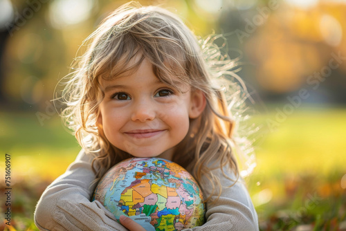 Smiling Child Holding Globe in Autumn Park
