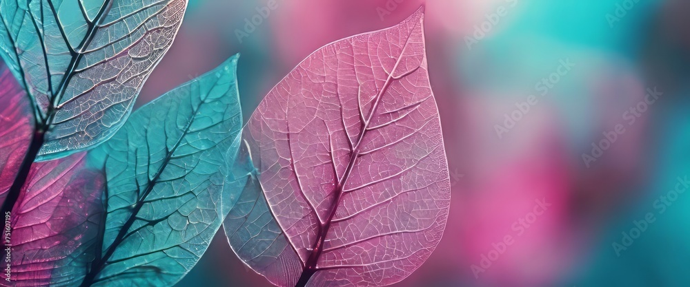 Macro leaves background texture blue, turquoise, pink color. Transparent skeleton leaves.