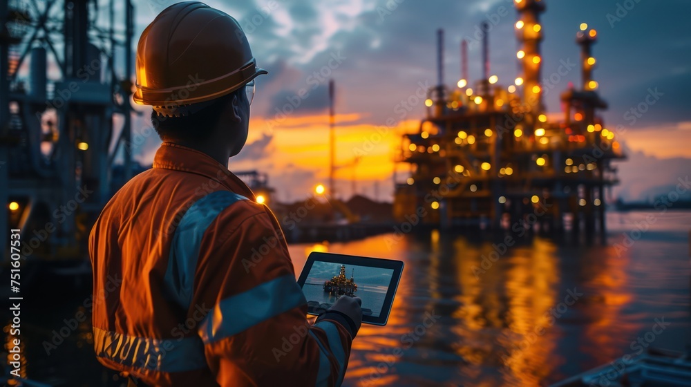 Operator uses mobile tablet to control drilling rig for oil, gas ...