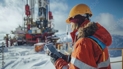 Operator uses mobile tablet to control drilling rig for oil, gas exploration