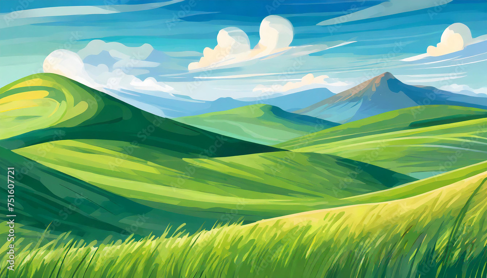 Fototapeta premium Detailed illustration of summer fields, green grass and blue sky with clouds. Natural landscape.