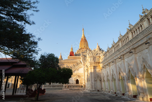 Burmese temples of Bagan City from a balloon, unesco world heritage with forest trees, Myanmar or Burma. Tourist destination.