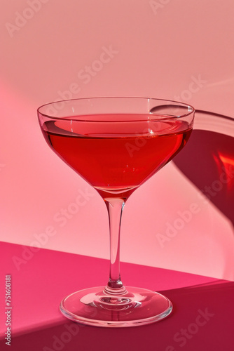 Glass of red wine on pink surface with shadow cast, elegant and inviting drink concept