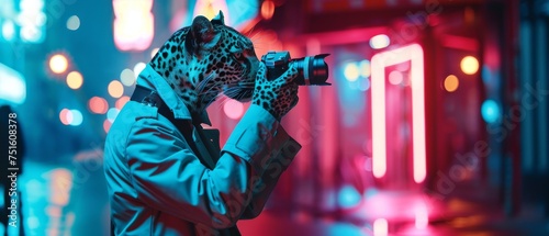 A cinematic city night scene with a leopard detective in a trench coat capturing clues with a vintage camera under neon lights photo