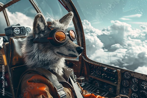 A cool scene in a cockpit with a wolf pilot wearing aviator sunglasses and a leather jacket confidently navigating the skies photo