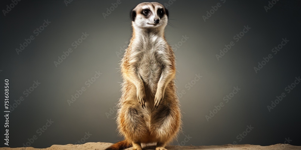 Vigilant meerkat standing up in studio and looking for predators, vigilance and prevention concepts - obrazy, fototapety, plakaty 