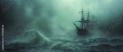 A lost ship battles a stormy sea in the Bermuda Triangle compass spinning out of control in mysterious fog