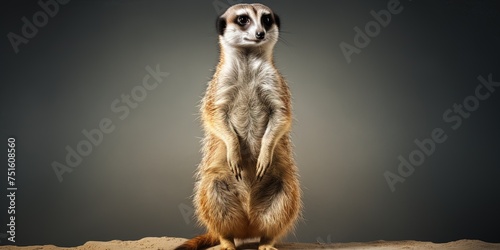 Vigilant meerkat standing up in studio and looking for predators, vigilance and prevention concepts