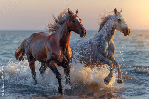 Two beautiful horses running through the ocean waters with a breathtaking sunset in the background