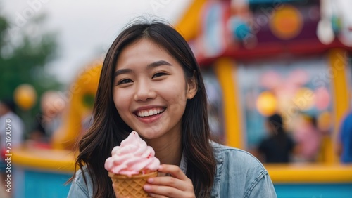 Smiling young asian woman holding ice cream