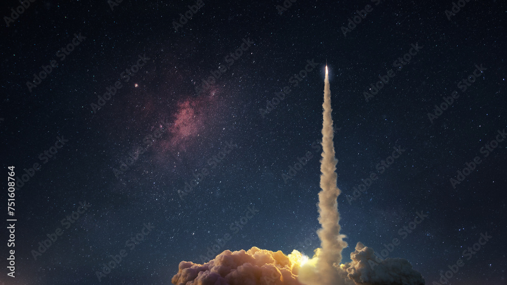 Space rocket with a blast and puffs of smoke successfully takes off into the starry sky. The beginning of a space mission. Rocket launch - obrazy, fototapety, plakaty 