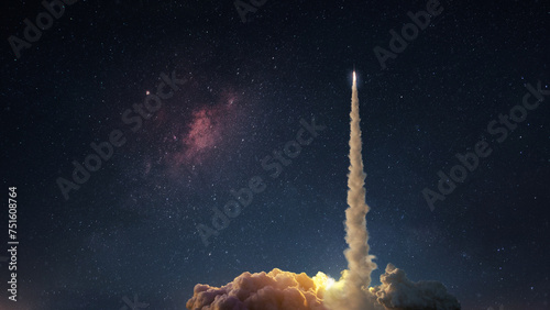 Space rocket with a blast and puffs of smoke successfully takes off into the starry sky. The beginning of a space mission. Rocket launch