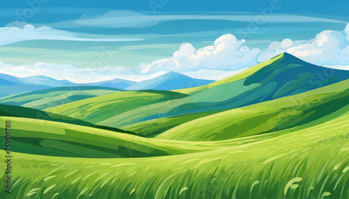 Detailed illustration of summer fields  green grass and blue sky with clouds. Natural landscape.
