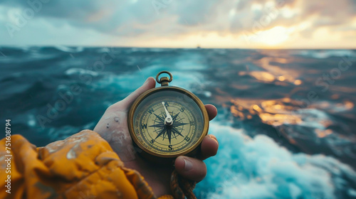A person is holding a compass on a beach