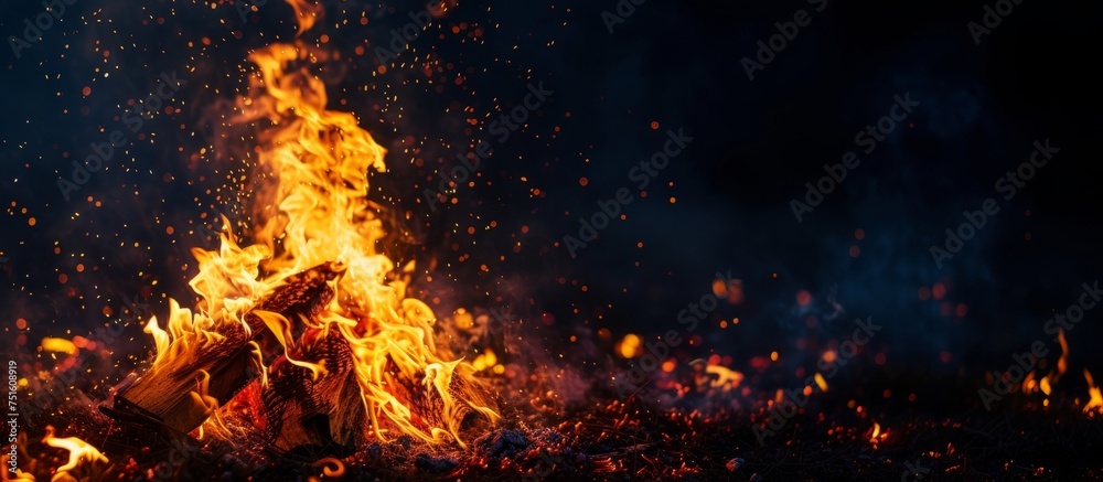 Intense fire burning fiercely in the eerie darkness of the night