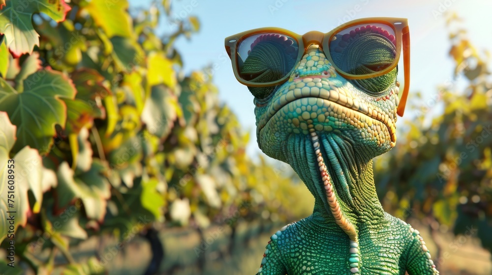 A whimsical portrayal of a chameleon architect with binary skin patterns planning sustainable vineyard layouts sunglasses at the ready