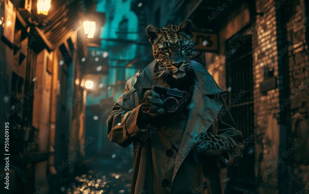An atmospheric portrayal of a leopard detective roaming city streets at night in a trench coat vintage camera in paw for evidence gathering