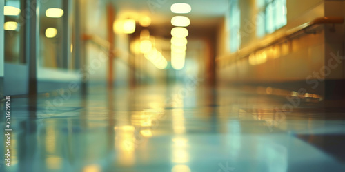 Blurred luxurious corridor of a hospital with reflective flooring and warm lighting photo