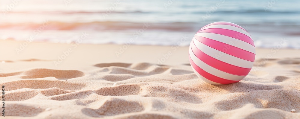A playful pink and white striped ball rests on the soft, sun-kissed sand of the beach, beckoning to be tossed around in the warm, carefree outdoors