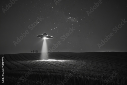 Crop circle beneath witnesses watch an alien abduction beam of light illuminating the scene in night vision photo