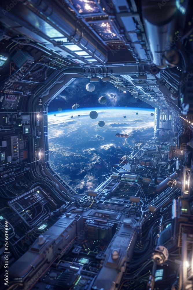 Floating objects in zero gravity fill the cargo bay of a space station ...