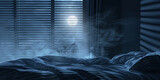 Moody bedroom scene with moonlight filtering through blinds and a soft mist swirling over rumpled bed sheets