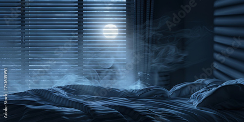 Moody bedroom scene with moonlight filtering through blinds and a soft mist swirling over rumpled bed sheets photo