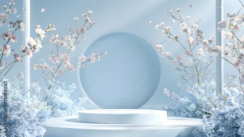 empty product podium with spring flowers in soft pastel color background 