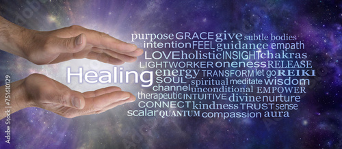 Words associated with being a Healing practitioner - male parallel hands beside a HEALING word cloud against a dark night cosmic background
