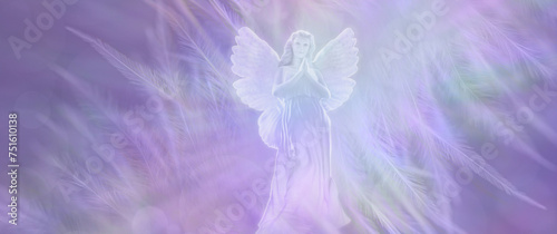 Praying Angel on a wispy pale lilac feathered background with copy space for spiritual message 