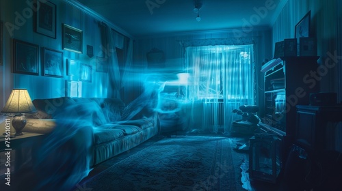 Levitating objects in a family home night camera captures poltergeist activity scared family watches photo