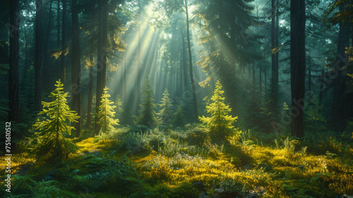 Natural Forest of Spruce Trees  Sunbeams through Fog create mystic Atmosphere.