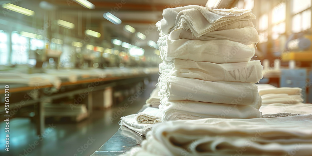 Stacked textiles on a table in an industrial factory setting with soft-focused machinery in the background