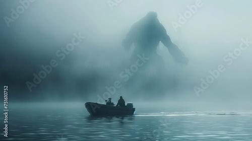 Sonar equipment beeps on a boat as a shadowy figure appears in the misty lake Loch Ness monster hunt underway photo