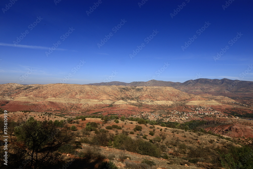 View on a mountain in the High Atlas is a mountain range in central Morocco, North Africa, the highest part of the Atlas Mountains View on a mountain in the High Atlas is a mountain range in central Morocco, North Africa, the highest part of the Atlas Mountains