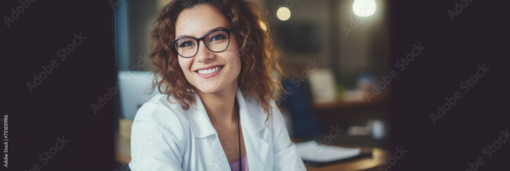 Fototapeta premium Confident young Caucasian female doctor looking at computer screen, smiling, in a hospital office.