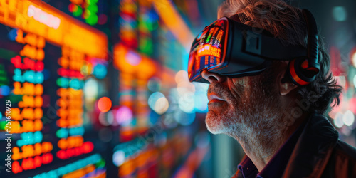 Elderly person immersed in a virtual reality experience against a vibrant neon backdrop