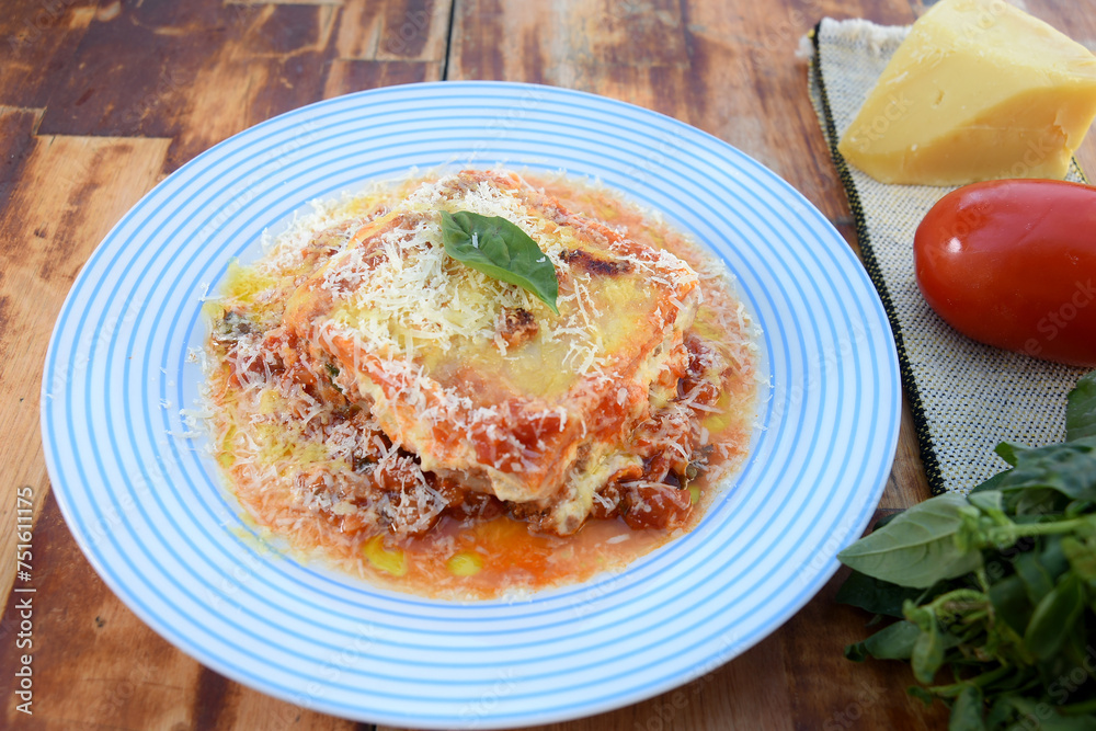 lasagna with red bolognese sauce, typical Italian cuisine pasta